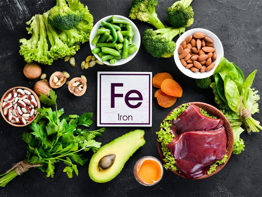 Химический символ железа в окружении продуктов: листовой зелени, авокадо, яиц, печени, орехов